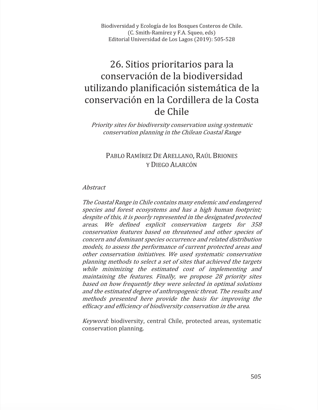 Sitios prioritarios para la conservación de la biodiversidad utilizando planificación sistemática de la conservación de la Cordillera de la Costa en Chile